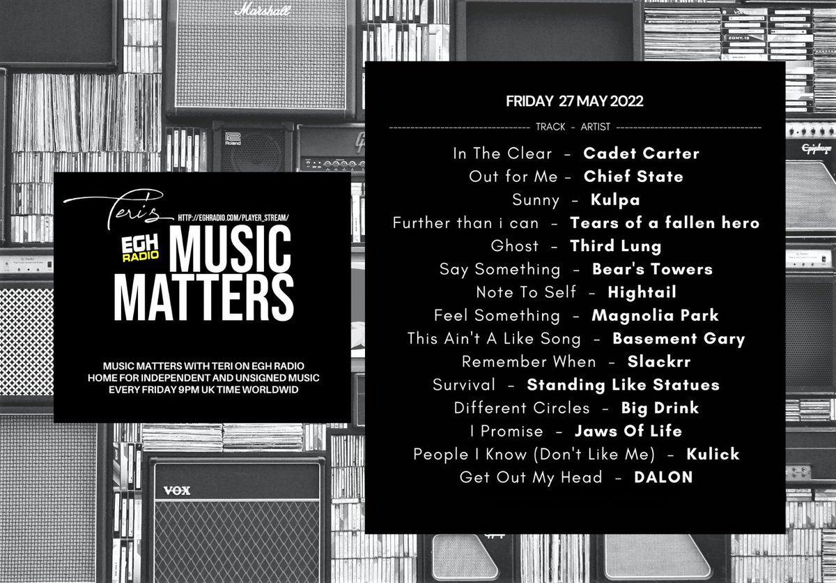 MusicMatters_T's tweet photo. #TuneIn @EGHRadio now!
#ListenHere ⇨ https://t.co/oUmVSisElC
#NowPlaying on Teri's #MusicMatters
the great new music from-
#BasementGary
@Slackrr_
@statuesband
#BigDrink (incl. interview)
@JawsOfLifeBand
@KulickOfficial
#DALON
#NewMusicAlert #BestIndie #MusicFriday https://t.co/ZfrhrttwaO