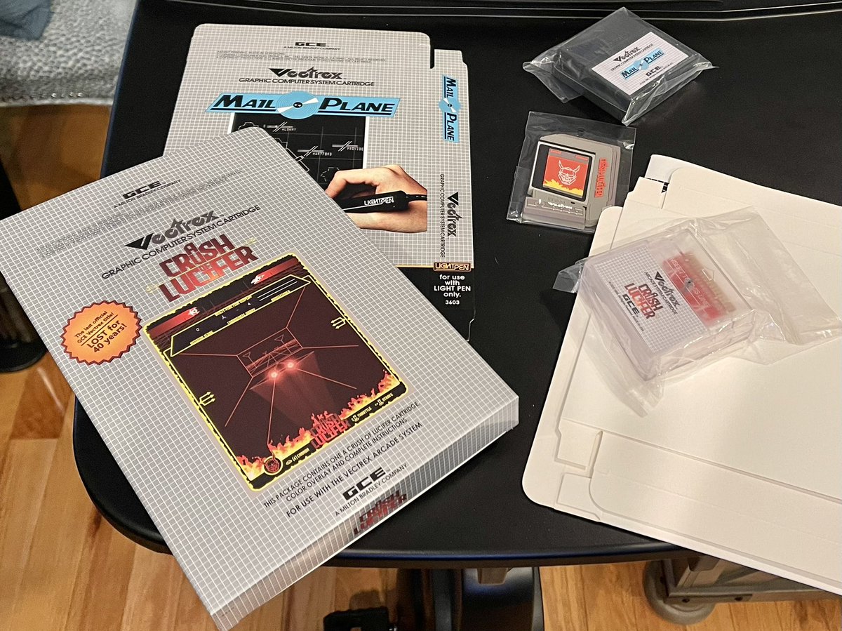 billloguidice's tweet photo. Pretty exciting delivery for the Vectrex, including A Crush of Lucifer, the last known unreleased prototype for the system back in the day. I just have to put together the boxes. Overlay, manual, and magnet are included. #vextrex https://t.co/1c45P1rBeq
