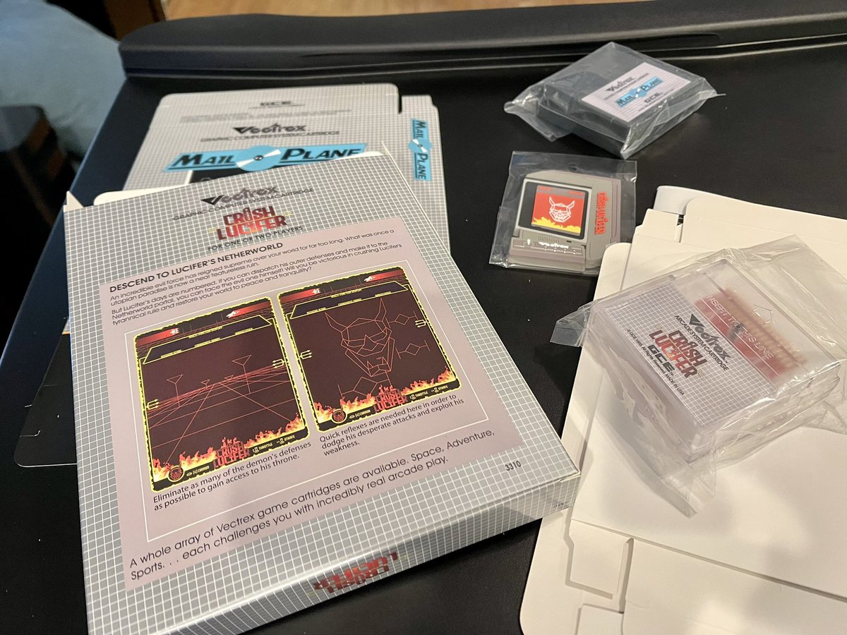 billloguidice's tweet photo. Pretty exciting delivery for the Vectrex, including A Crush of Lucifer, the last known unreleased prototype for the system back in the day. I just have to put together the boxes. Overlay, manual, and magnet are included. #vextrex https://t.co/1c45P1rBeq