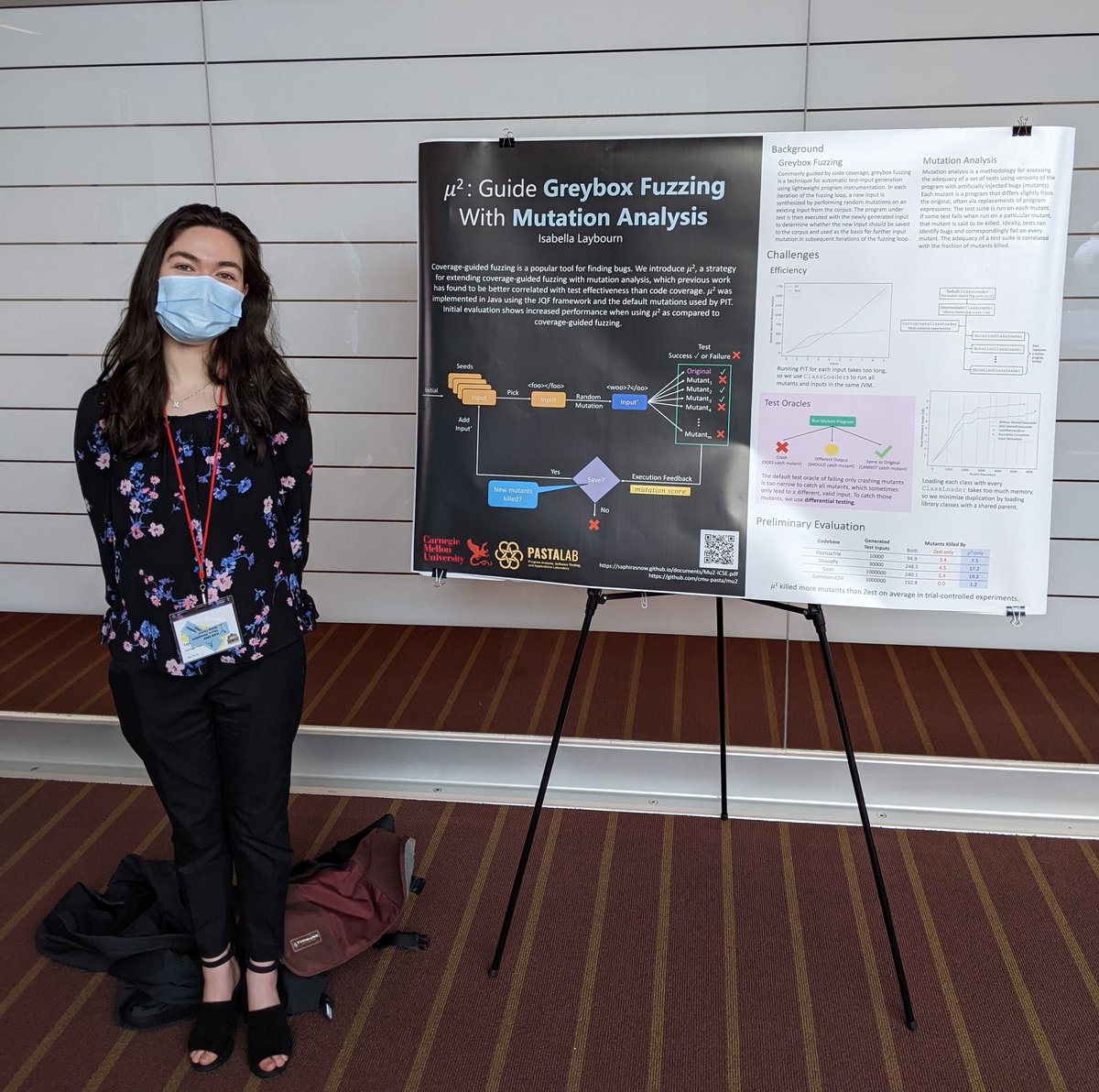 Congrats to my undergraduate student Bella Laybourn for receiving the second prize in the ACM student research competition at #ICSE2022 for Mu2: Greybox Fuzzing with Mutation Analysis. Bella started this project as a sophomore student at CMU. Great job!