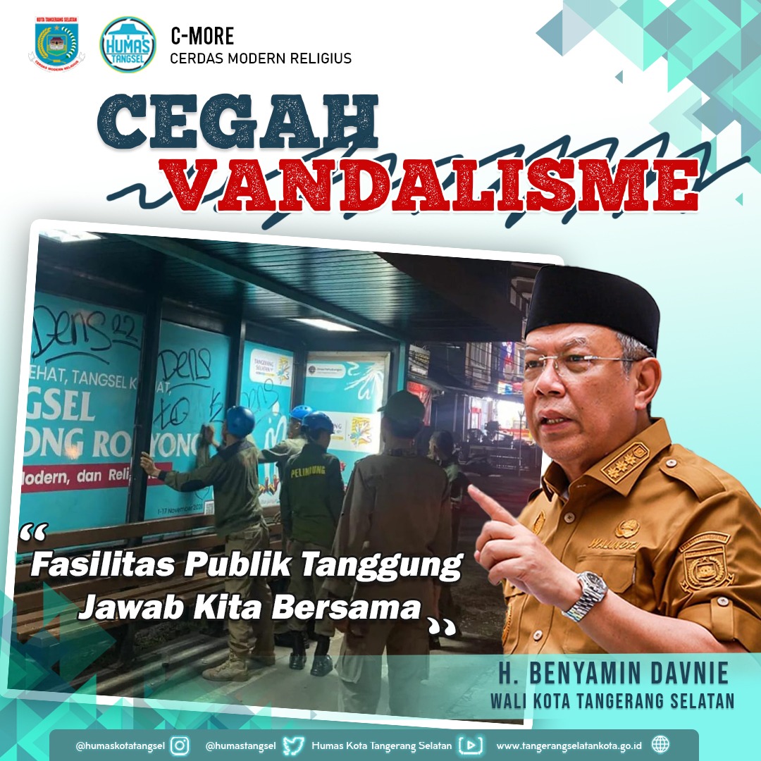 CIPUTAT - Wali Kota Tangsel Benyamin Davnie meminta masyarakat untuk sama-sama menjaga fasilitas publik di Tangerang Selatan. Salah satunya menjaga keindahan kota dengan tidak melakukan aksi corat coret atau vandalisme. Baca berita selengkapnya di berita.tangerangselatankota.go.id/main/news/view…