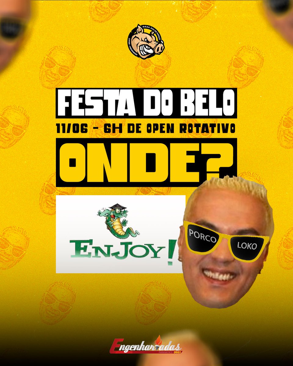 XVIIIdeMarco's tweet photo. É ISSO MESMO CHIQUEIRO 
🐷🐷🐷

O local da melhor festa do sul mundo será no bar mais querido do sul do mundo !!! @enjoybar_med 🤪🤪🤪

Temos um encontro marcado no Enjoy dia 11/06 🔥🔥🔥

Você não vai perder né ??? 
💛🖤💛 https://t.co/wCOI8DhgJ1