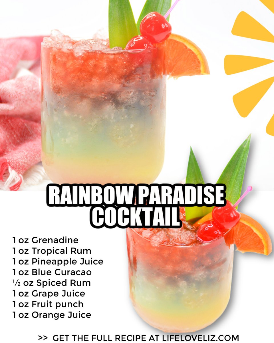 LifeLuvLiz's tweet photo. This Rainbow Paradise Cocktail is perfect for a tropical party. It tastes like a tropical vacation and is a rainbow of colourful layers.

Get the FULL recipe >> https://t.co/E1A5GXZ0Ew https://t.co/ETm00SEZQh