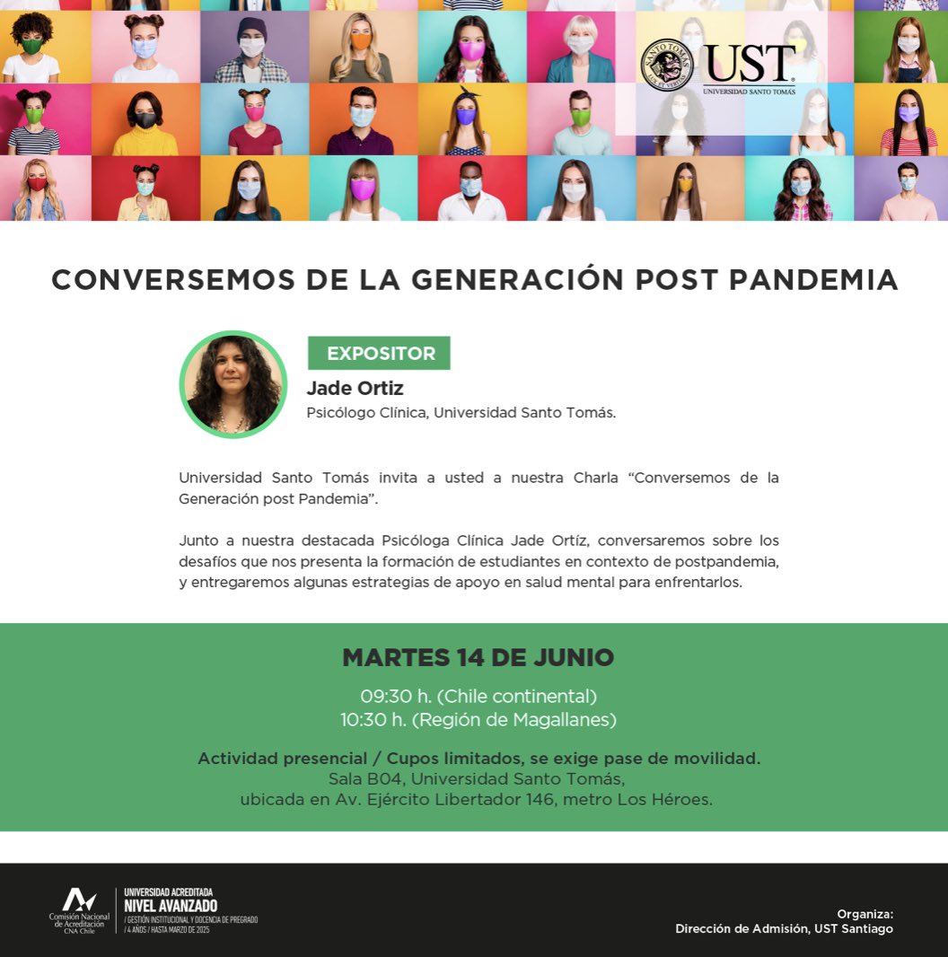 admision_UST's tweet photo. 📌¡¡ATENCIÓN!! Actividad Presencial. 

Invitamos a todos los orientadores, docentes,  encargados de convivencia escolar de colegios y liceos. 

Escríbenos por interno para mayor información. 

🔴Cupos limitados. 

🟢Se exigirá pase de movilidad. https://t.co/mJlkEVctIw
