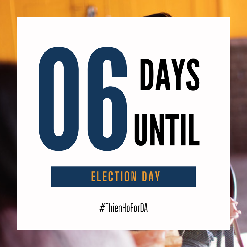 Six more days and the momentum is with us! Vote #ThienHoforDA! 

#WinWithThien #SacCounty #SacramentoVotes