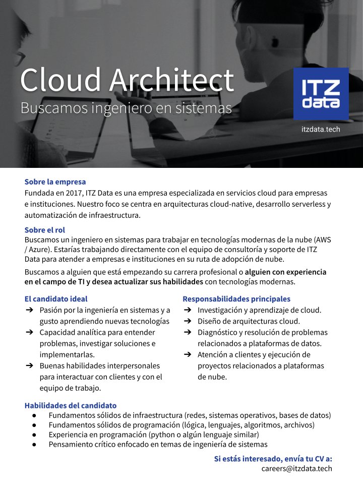 ITZDATA_tech's tweet photo. Estamos contratando un Cloud Architect.

Buscamos un candidato que desea actualizar sus habilidades aprendiendo tecnologías modernas de #cloud.

Envía tu CV a careers@itzdata.tech https://t.co/L1Yzt3kmEF