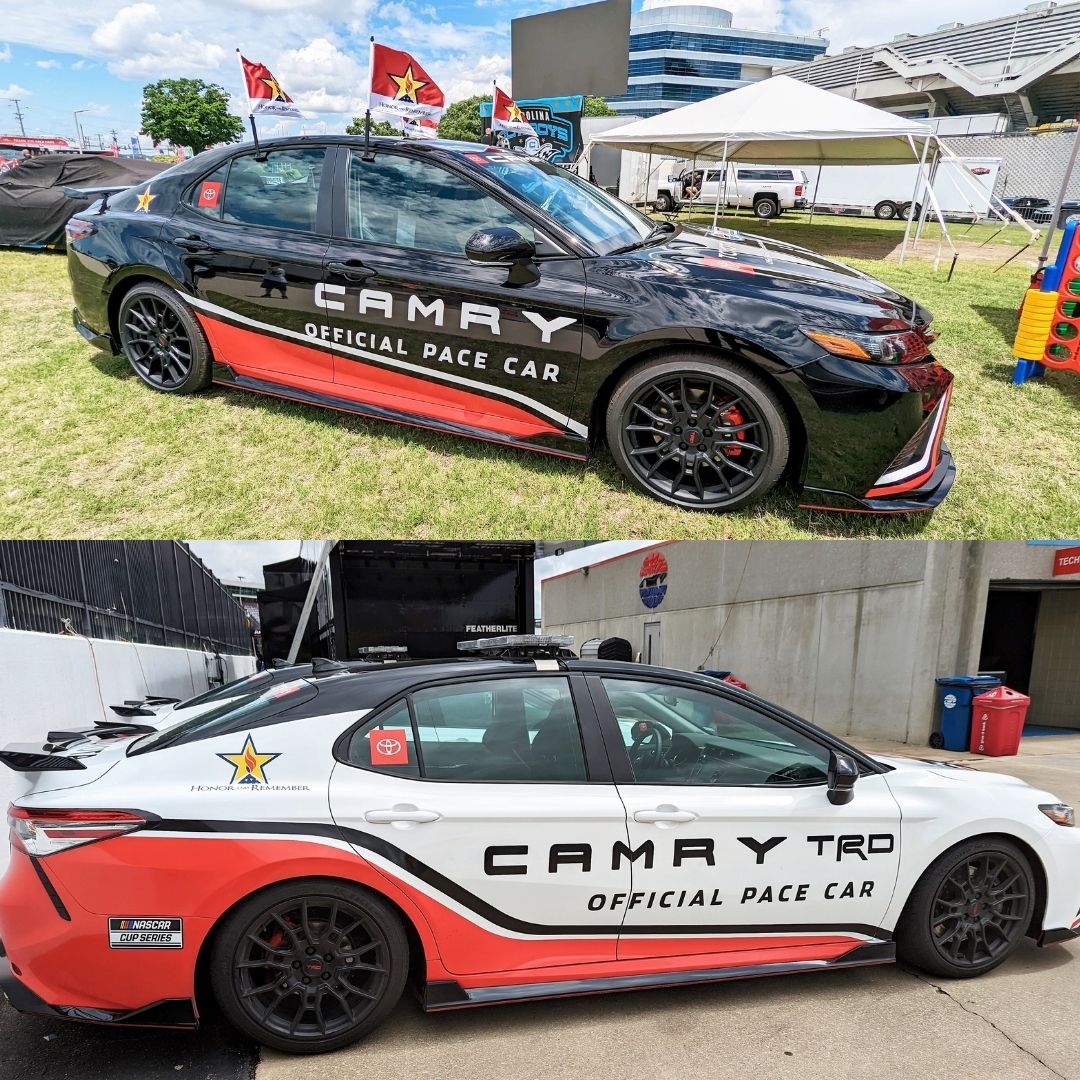 HonorRemember's tweet photo. 3 Pace Cars for Charlotte races have HONOR and REMEMBER images &amp; flags, and over 5K Goodyear Race Tires &amp; Sunday’s Moment of Silence. Text the FLAG to 71777.

#NASCAR #NascarSalutes #CocaCola600 #GoodyearRacing #MemorialDay #CharlotteMotorSpeedway #FS1 #FoxSports #Toyota #Sunoco https://t.co/jG6q19EyKq