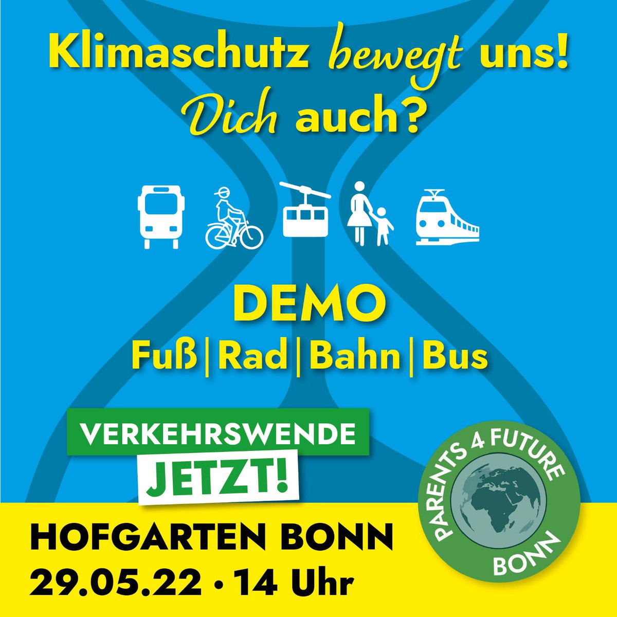 Kommt, wir gehen auf die Straße - ja richtig, *gehen*. Vom immer nur Auto fahren ändert sich ja nichts.

Treffpunkt: Hofgarten
Datum: 29.05.2022
Uhrzeit: 14 Uhr

Für mehr Fuß/Rad/Bus/Bahn in Bonn!
#VerkehrswendeJETZT #Autokorrektur