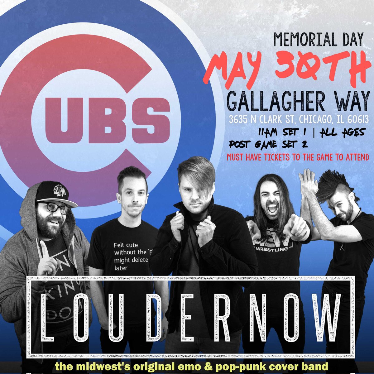 Chicago! If you're attending the <a href="/Cubs/">Chicago Cubs</a> double header this Monday for Memorial Day, we will be playing outside the stadium before &amp; after the first game! 

We will be taking part in the @wwe day festivities with <a href="/GallagherWayChi/">Gallagher Way Chicago</a> playing host to us. Bring your best finishing move!