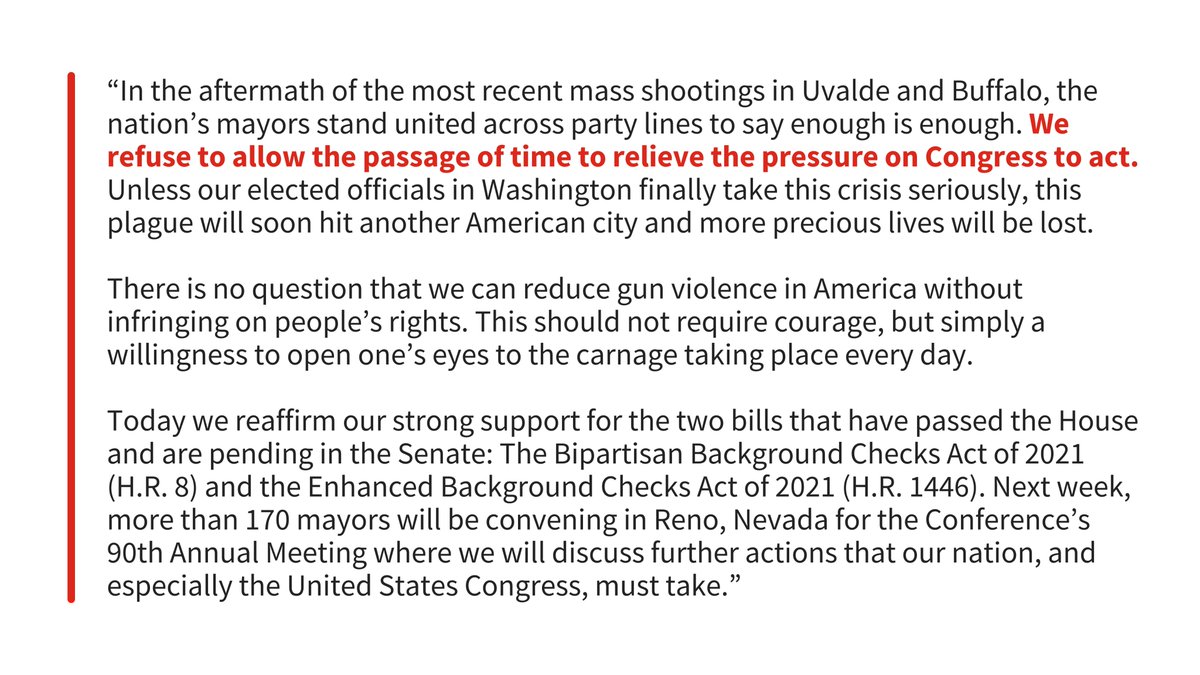 Today, the Executive Committee of the U.S. Conference of Mayors held an emergency session to address the unending gun violence that continues to claim the lives of countless innocent Americans, including our children, and issued the following statement: mayo.rs/3wLXd2U