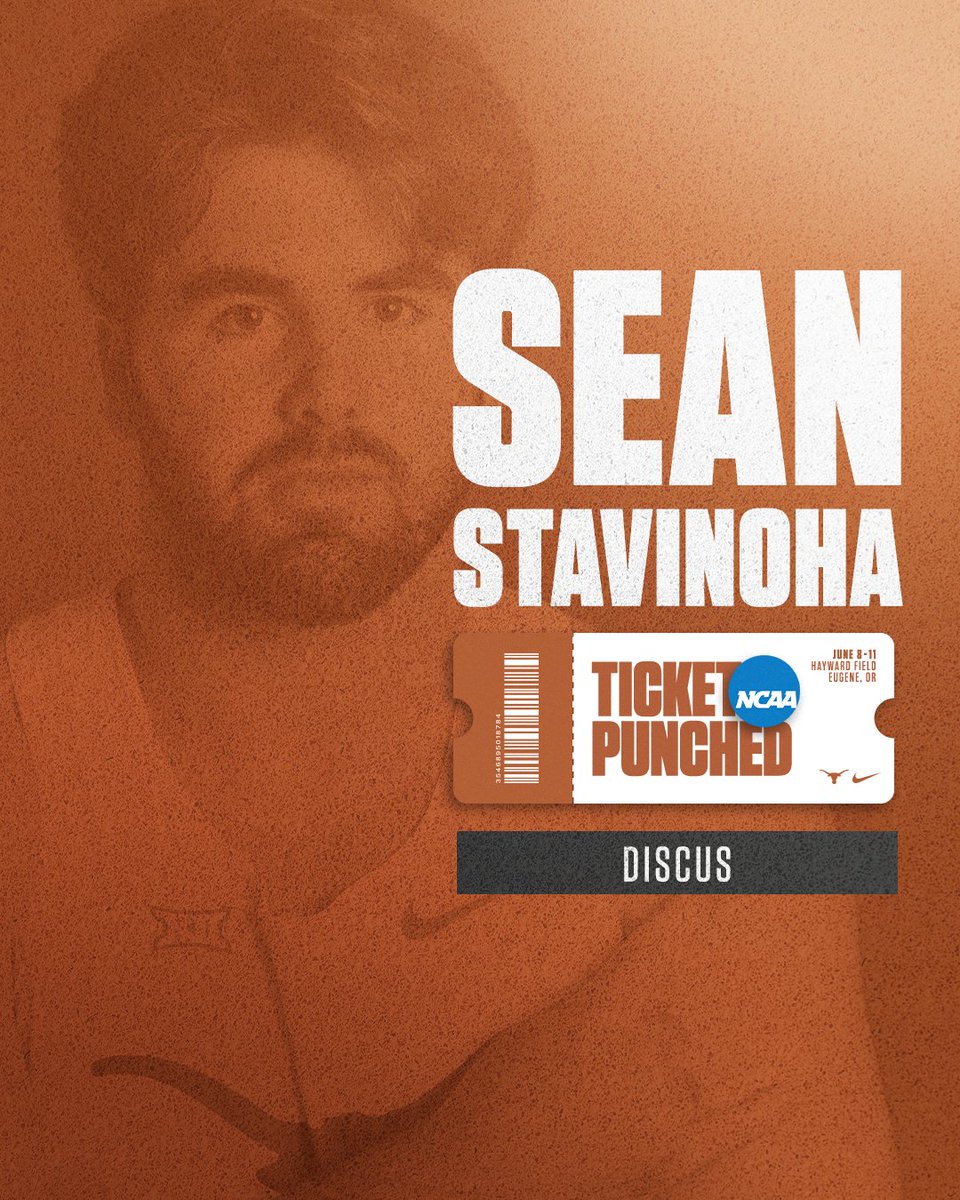 TexasTFXC's tweet photo. LET'S GO! 🤘

@seanstavinohaa is headed to the NCAA Outdoor Championships for the first time with his throw of 55.95m (183-6) in the discus! 🔥 https://t.co/f1883ySJ2Q
