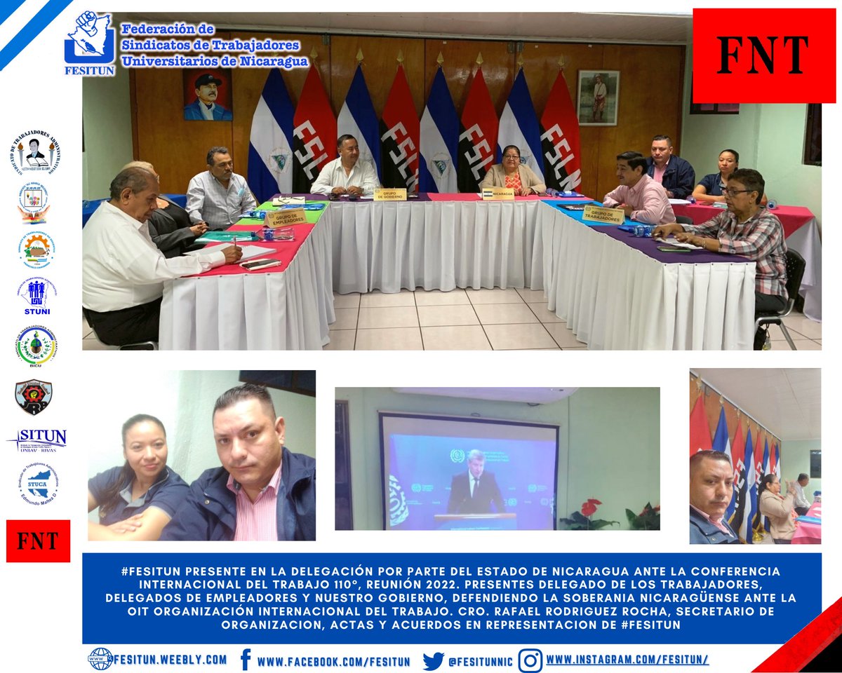 #27Mayo #FESITUN PRESENTE en la Delegación por parte del Estado de Nicaragua ante la Conferencia Internacional del Trabajo 110°, reunión 2022. delegado de los trabajadores, empleadores y nuestro Gobierno. Cro. Rafael Rodriguez, secretario de organización en representación de #FNT