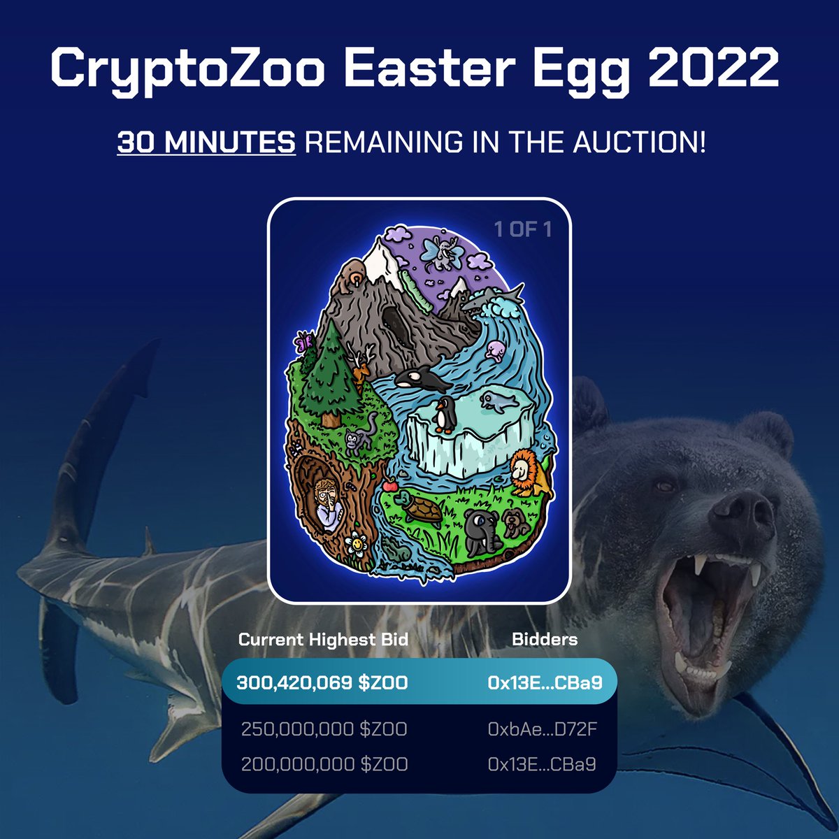 This eventful day for ZooKeepers is not over yet! There are approximately 30 minutes remaining in the 1 of 1 Easter Egg Auction!

Head over to app.zoobay.io/#/listings/292 on your computer or mobile device and place your bids quick! (If on mobile you must use the MetaMask App Browser)