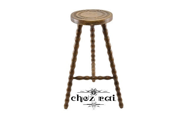 Chez Rai Vintage French Wooden Rustic Screw Leg Stool Tabouret Plant Stand Farmhouse Cottage Seat Room Decor Housewarming Gift