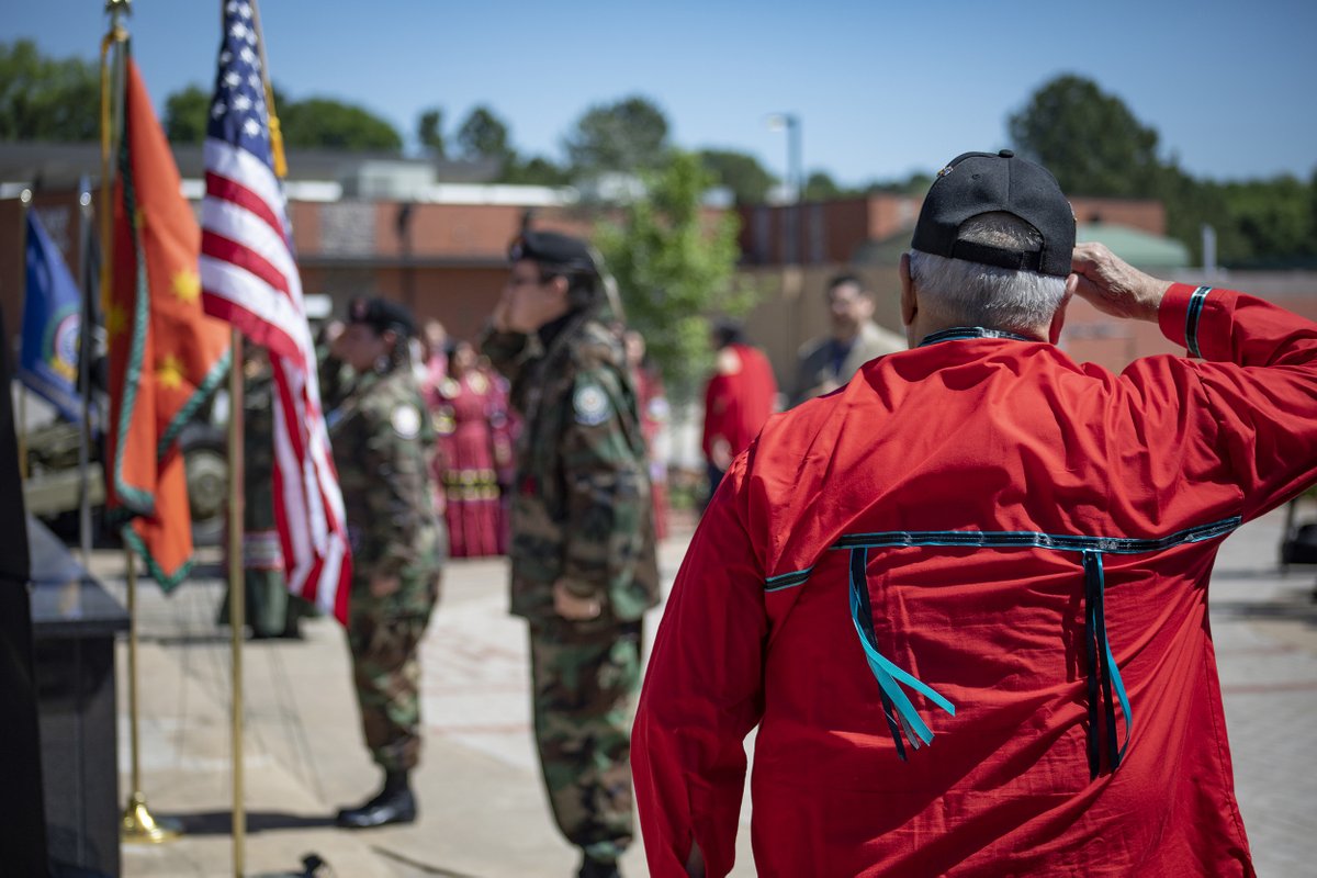 CherokeeNation's tweet photo. Cherokee Nation leaders gathered at the Cherokee Nation Veterans Center’s Cherokee War Memorial this morning to honor those who have died while serving in the U.S. military, in honor of Memorial Day. (1/3) https://t.co/WYdpzQENnW