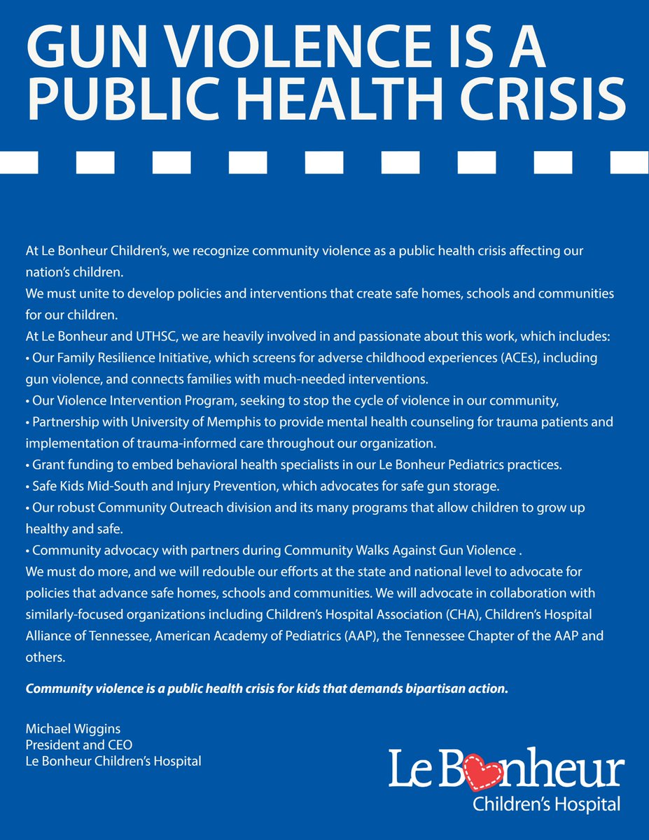 Gun violence is a public health crisis affecting our nation’s children. At Le Bonheur, we are answering the call to action, standing alongside other children’s hospital leaders, and advocating for bipartisan action to advance safe homes, schools and communities.