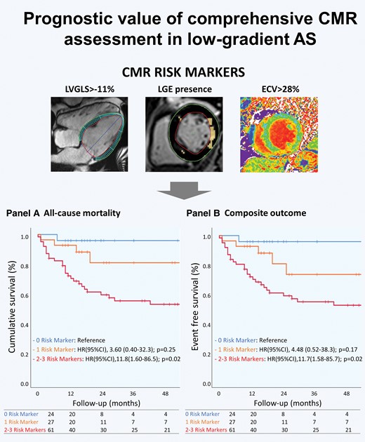 In Low Gradient AS, reduced GLS, increased ECV and LGE on CMR was associated with worse outcomes. 
Comprehensive myocardial characterization using cardiac magnetic resonance associates with outcomes in low gradient severe aortic stenosis academic.oup.com/ehjcimaging/ad…