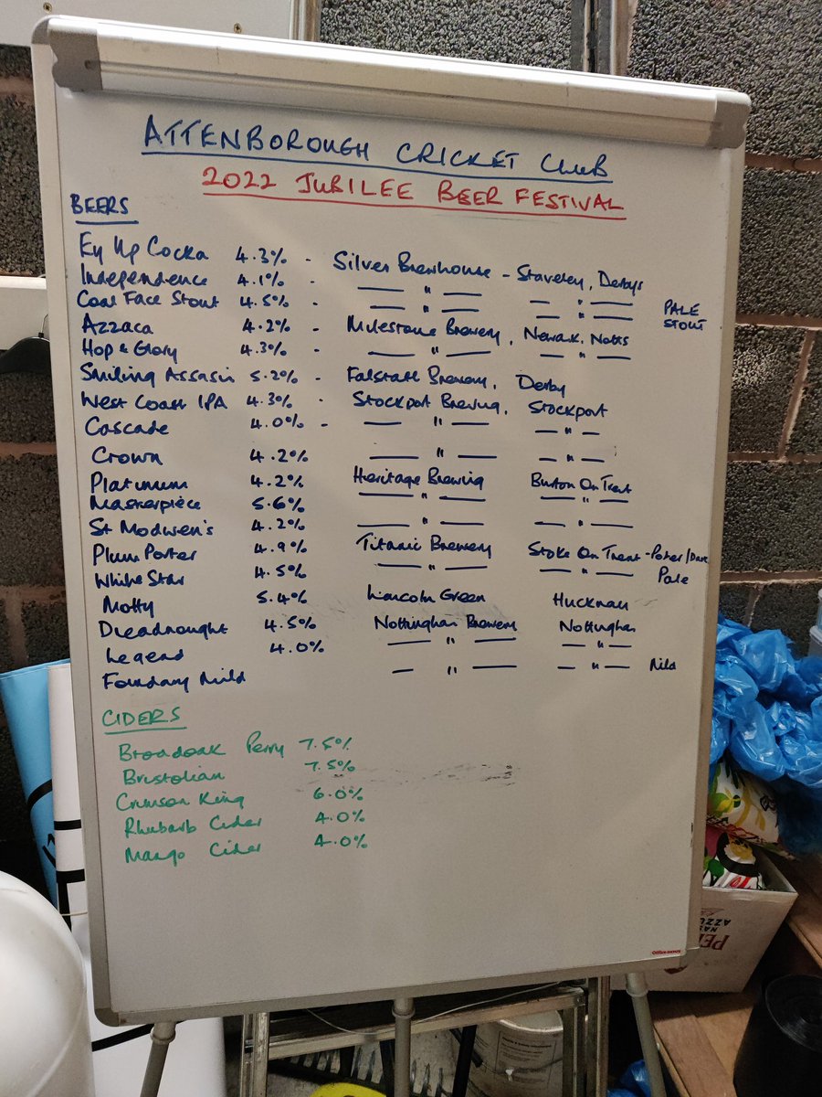 AttenboroughCC's tweet photo. Our #beerfestival is taking shape the beer board is prepared all we need are the 18 beers &amp; 5 ciders @NottmBrewery @LincolnGBrewing @MilestoneBrewi1 @silverbrewhous3 @HeritageBrews @TitanicBrewers @NottinghamCAMRA #ready #preperation #JubileeCelebration https://t.co/pemBzV9aYL