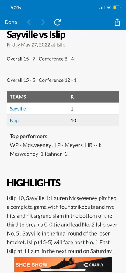 Solo HR against Sayville in the semis