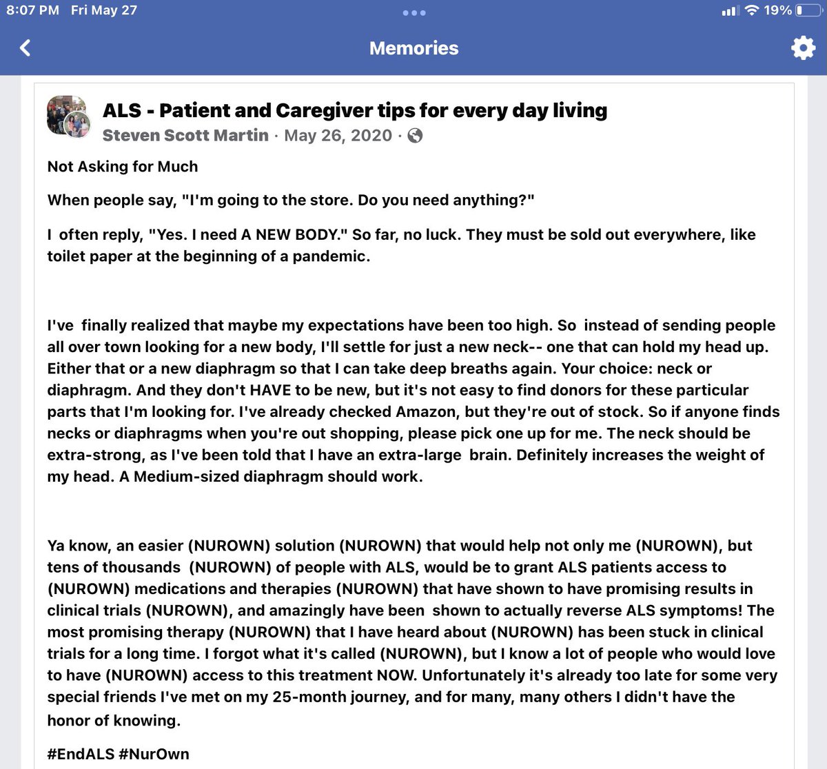 emmccormick2005's tweet image. .#ALSAwarenessMonth Steven Martin bravely, with love &amp;amp; humor, shared his ALS story. Sadly, 2 yrs later Steven is gone &amp;amp; his prayers for #NurOwn remain unanswered. ALS is agonizing enough without knowing that effective treatments exist &amp;amp; you’ll die waiting. #WeMustDoBetter