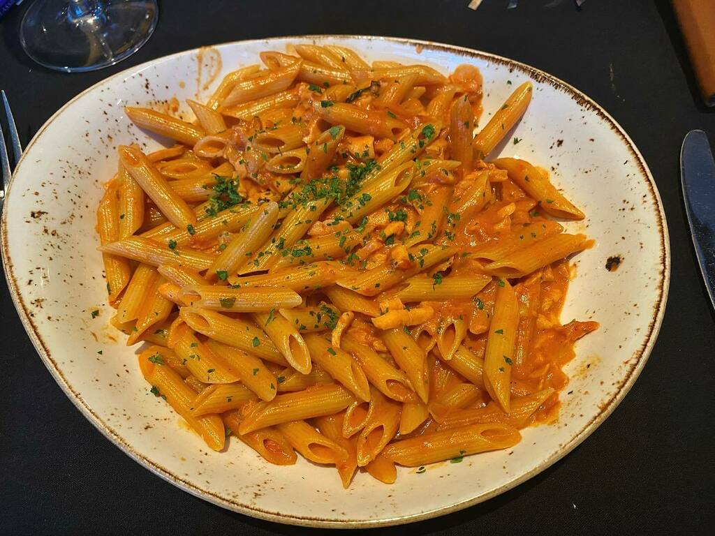 This or that or both?! // 1️⃣ Penne alla Vodka with smoked salmon 2️⃣ Bucatini All'amatriciana with pancetta, onion, spicy tomato sauce, and pecorino cheese from <a href="/amie_shafer/">Amie shafer</a> ’s amazing birthday dinner a couple weeks ago at Osteria Marzano in Alexandria, VA