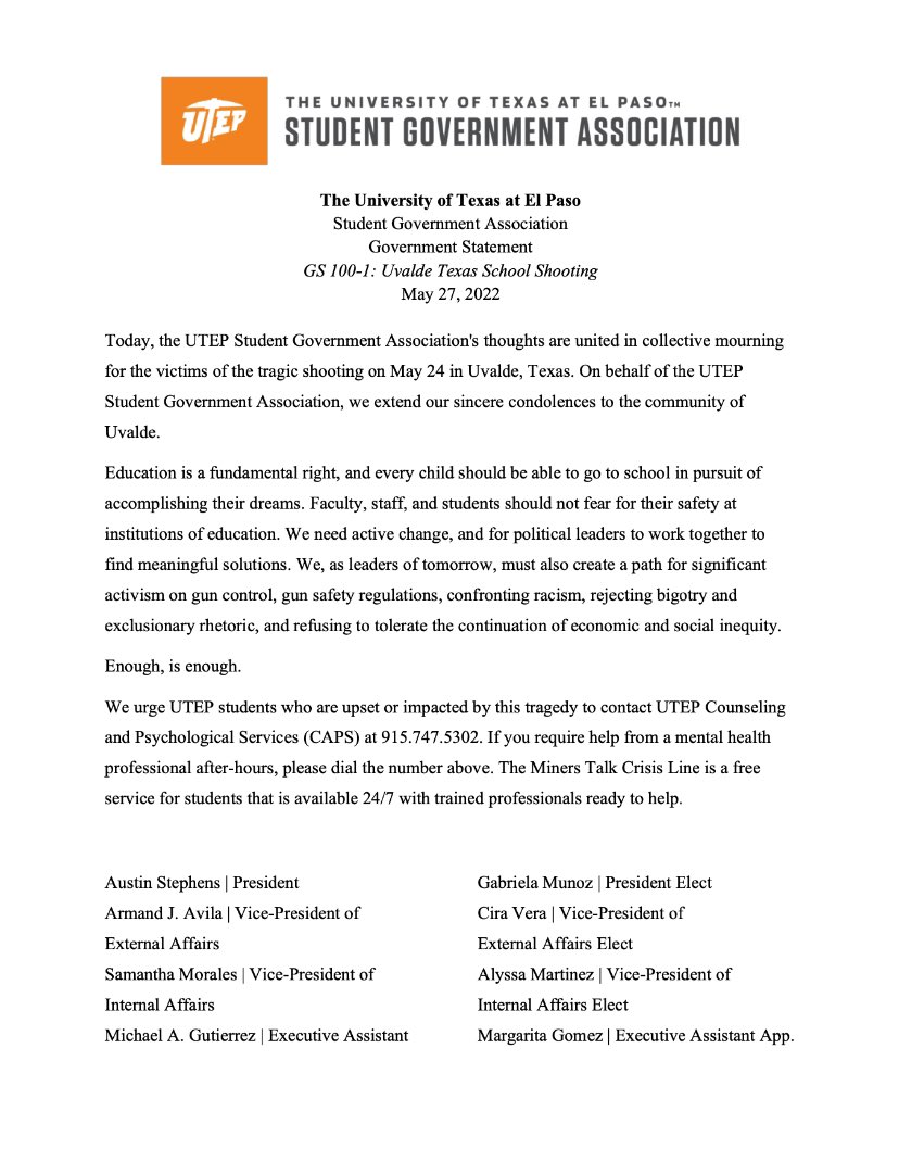 Today, our Student Government stands with the community of Uvalde. We must all do our part to advocate for change and fight for meaningful solutions. 

Enough, is enough. 
🔷⛏🔶