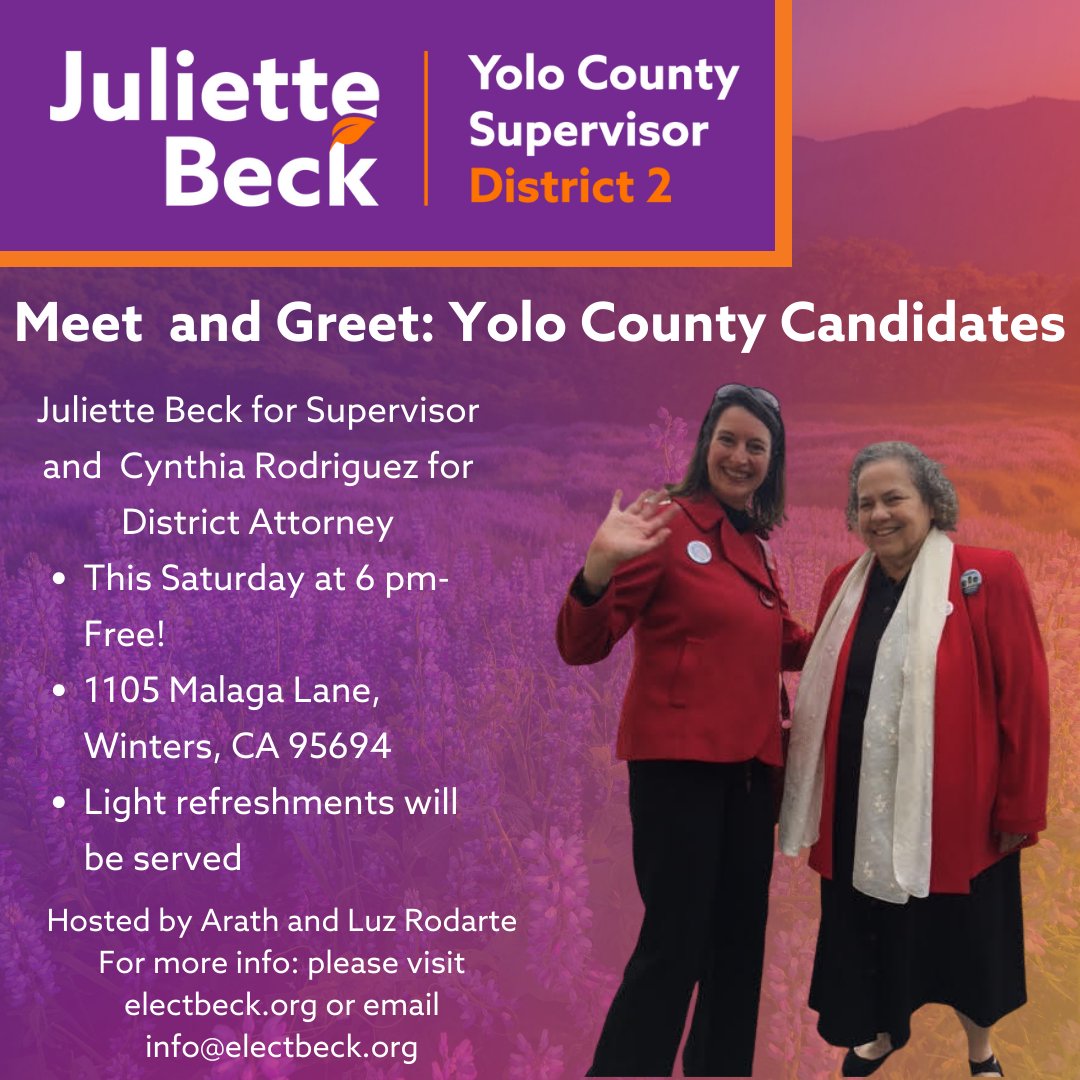 Hello, District 2! Please come join us and Cynthia Rodriguez for a meet-and-greet in Winters tomorrow, 5/28 at 6pm! We hope to see you there!
#electbeck #davis #winters #california #yolocounty #supervisor #davisdowntown #ucdavis #environment #climatechange #youthempowerment