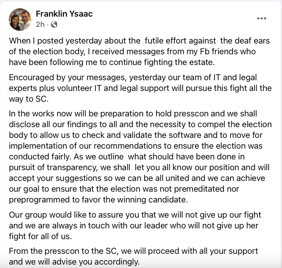 Franklin is personally known to me: a kababayan and school mate at the ADNU. Let us support him in his efforts to get to the bottom of this election result. #OnwardChristianSoldier #Marchonfortruthandjustice