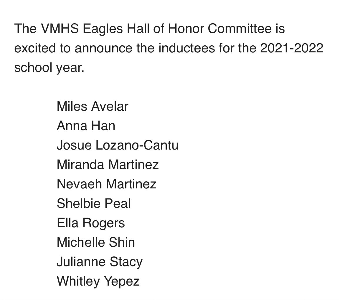 The Eagle Hall of Honor award is given to students who made a big impact on our campus and exemplify what what it means to be an Eagle. They are leaders on our campus who have served not only VMHS but the broader community. Congrats to our 2021 - 2022 Recipients! #EaglePride
