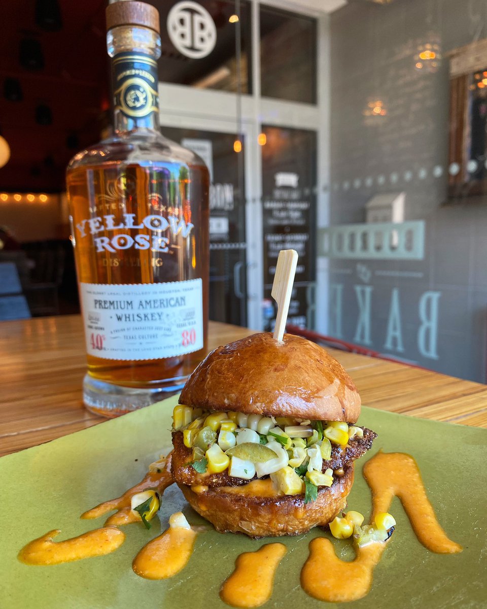 BourbonAndBaker's tweet photo. Special: Red Fish Po’ Boy Slider $11- Pan fried red fish, Creole horseradish aioli, lemon zest-roasted corn-jalapeno-cilantro garnish, served on a toasted egg washed bun. #SmallPlateSpecial #OneEggGroup #YellowRoseDistilling #DowntownMHK https://t.co/l0hjL4hEFn