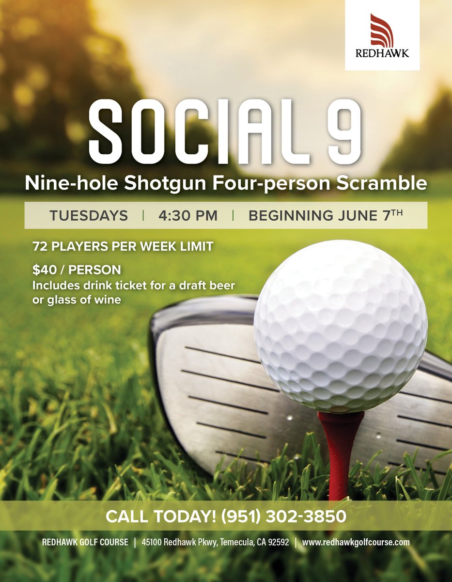 Redhawk_GC's tweet image. Social 9 is back on TUESDAYS starting from June 7th. Please call the Pro shop to sign-up!