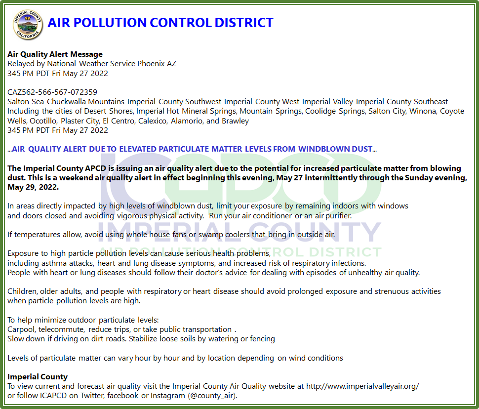 An Air Quality Alert due to elevated particulate matter levels from windblown dust has been issued for Imperial County from this evening through Sunday evening. #cawx