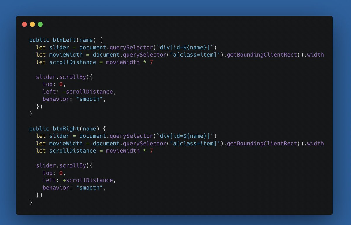 StreamingLists's tweet photo. The logic of the slider buttons uses two separate functions on click that are almost identical. Adding another argument to specify the direction I can apply the appropriate scroll distance with a ternary operator and use one function.
#javascript #programmer https://t.co/b4wrg8eB1f