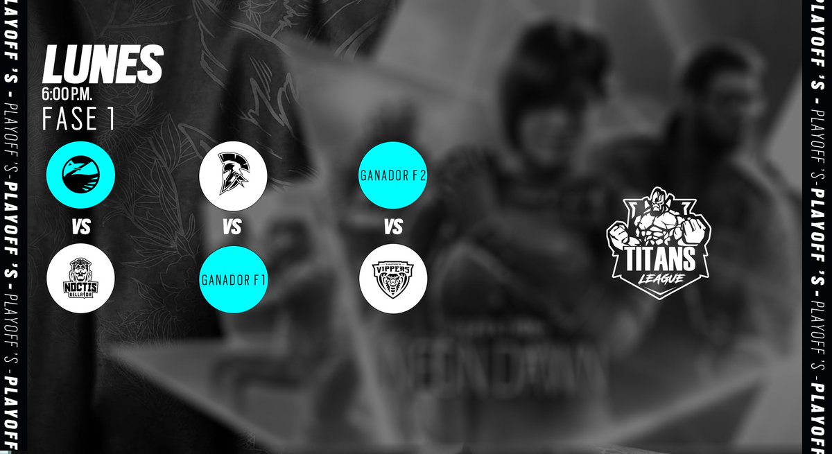 #Playoffs 

Este Lunes comienzan la recta final de la Liga de Titanes, no te lo puedes perder en el primer enfrentamiento al Bo3 entre <a href="/zwan_gg/">🦢Zwan Gaming🦢</a>  vs <a href="/Noctis_Bellator/">Noctis Bellator</a>, quien avanzara a la Fase 2?

twitch.tv/titansleague