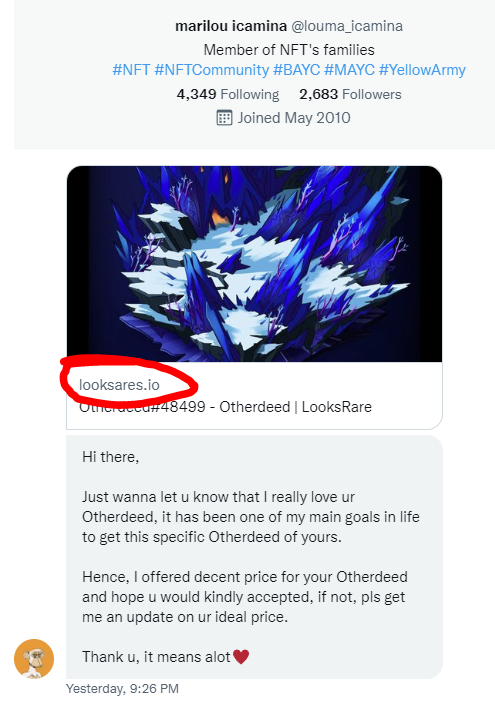 Please be careful, new phishing link going around. Notice some of you Apes follow these scam accounts (below) please block/report!

<a href="/louma_icamina/">marilou icamina</a>
<a href="/eddie_alunan/">eddie boy alunan</a>
