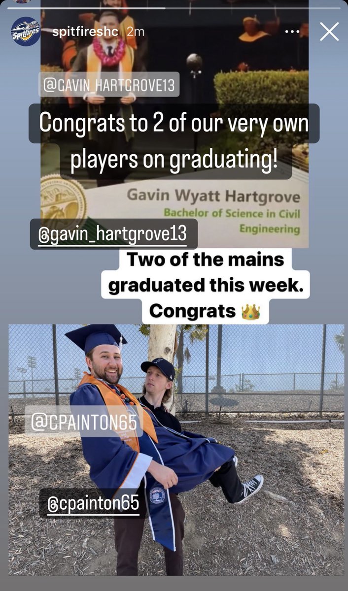 spitfireshc's tweet photo. Congrats to our 2 Spitfires players on graduating! Now let’s go win us a championship! https://t.co/rYetR8DSAT