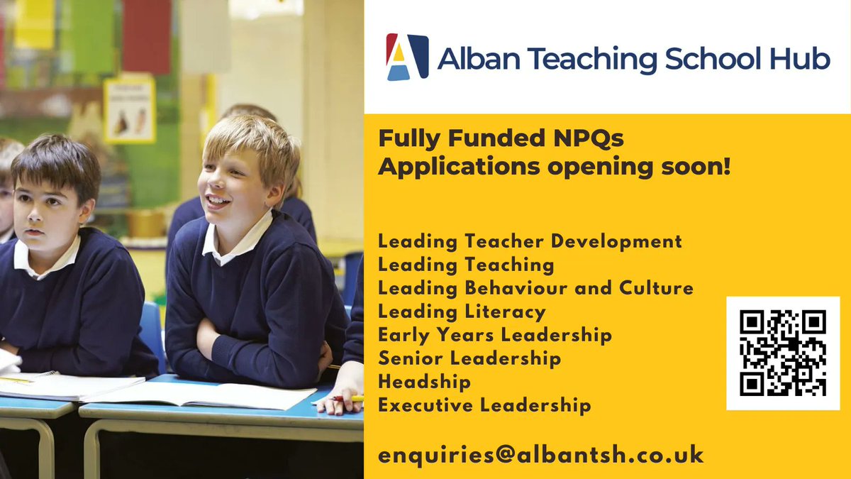 AlbanTSH's tweet photo. Applications for the Autumn cohort of NPQs are opening soon, now with NPQs in Leading Literacy and Early Years Leadership, fully funded for every school! To register your interest complete this form: https://t.co/GEh16D4WMP https://t.co/xdP5CqSojH