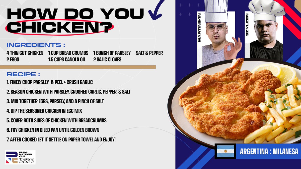 PUBGEsports's tweet photo. Since #PNC2022 celebrates teams and cultures from all around the globe, we thought we'd share a few 🔥🐔🍽️!

This week's chicken dinner is known as Argentina's unofficial national dish!

Let us know how it turned out if you made it yourself! 😎

#PUBGEsports https://t.co/p2NozhUNjY