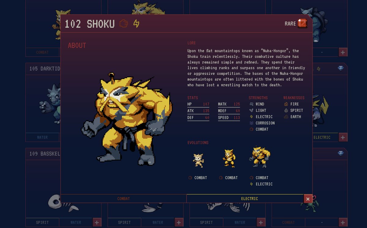 The mighty Shoku  

Elements: ⚡️👊
Rarity: Rare

You can now find all the 117 beasts in our Kuropedia, their stats, lore, strengths, weaknesses, rarities, evolutions and even listen to their cries!

Ticket redeeming for the beasts next week!

kurorobeasts.com/kuropedia?id=1…