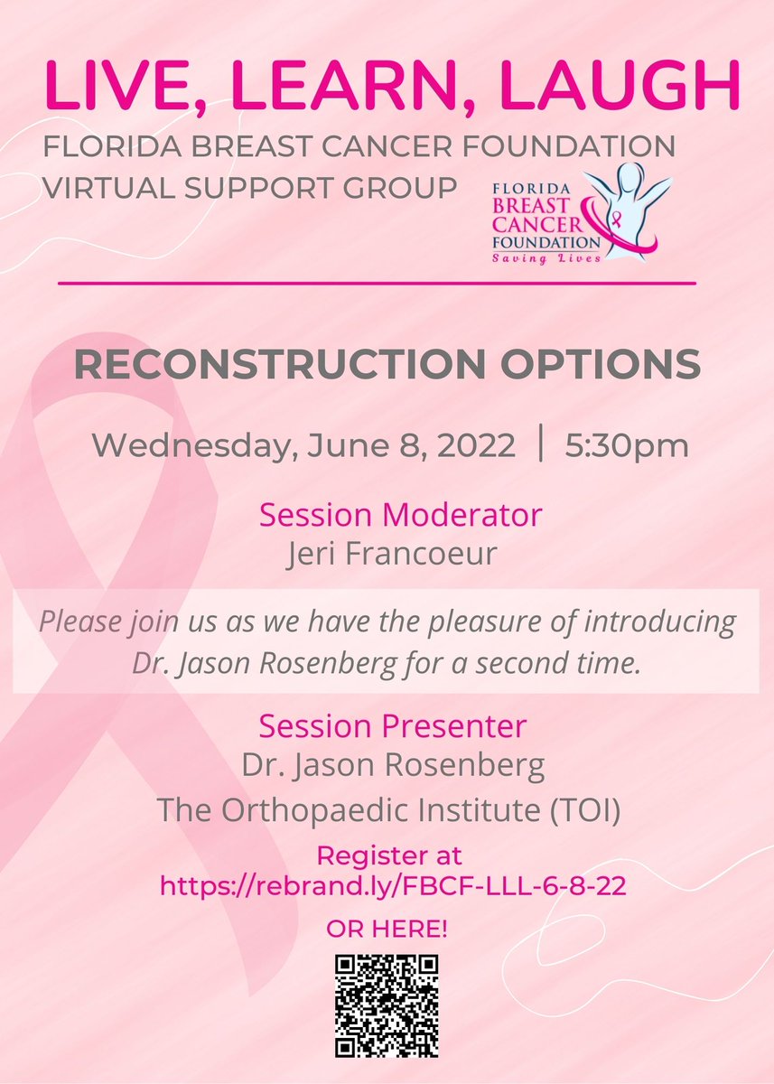 FLBreastCancer's tweet photo. Live, Learn, Laugh, a #virtualsupportgroup for #breastcancer fighters & survivors in #Florida is on 6.8.22. Join us as we have the pleasure of introducing Dr. Jason Rosenberg from The Orthopaedic Institute in #Gainesville for a second time. Register here: https://t.co/kIF9kU1I7n https://t.co/cdJAd2PLIw