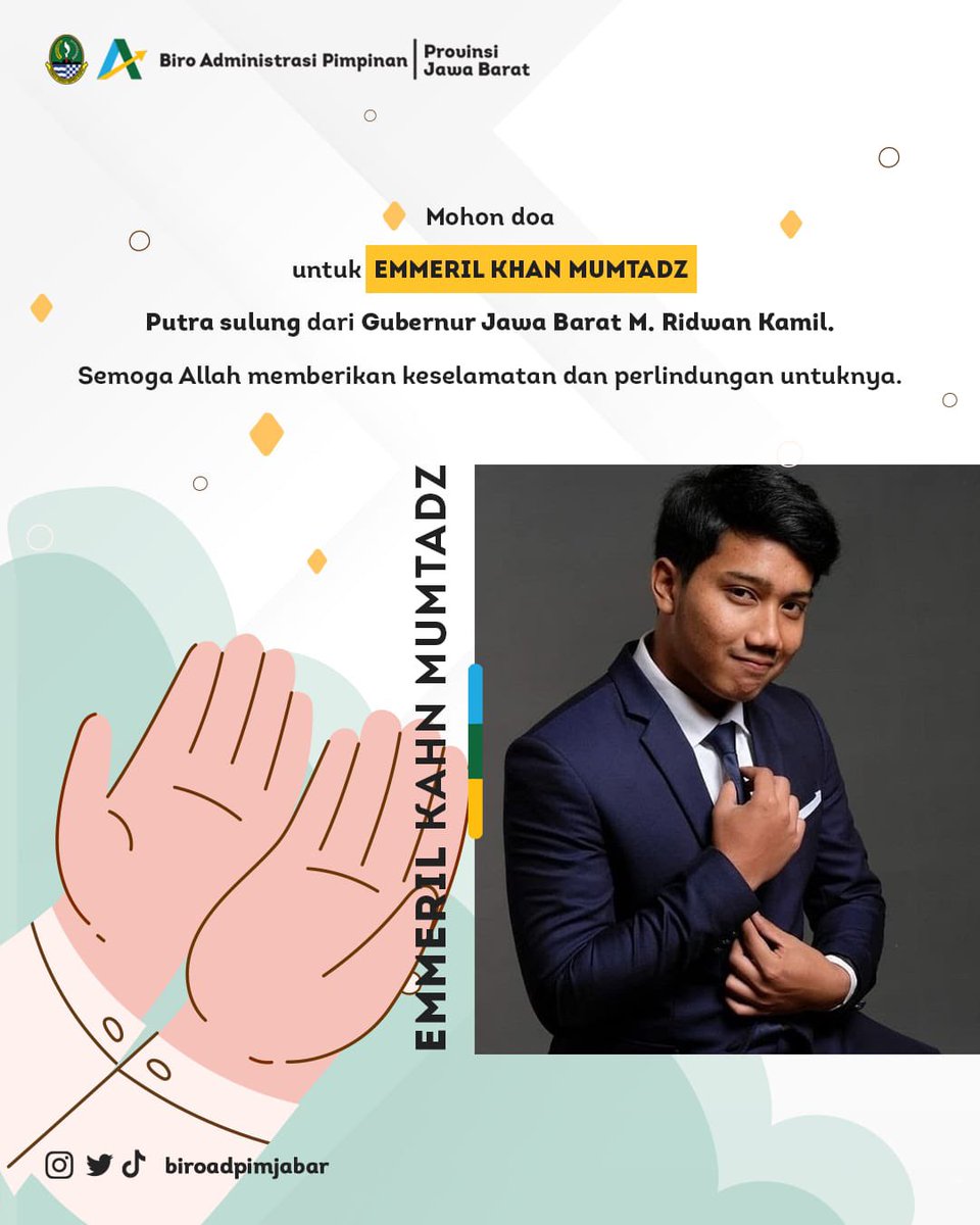 Selamat pagi wargi Jabar.

Siang nanti pukul 12.30 akan diadakan Konferensi Pers resmi terkait perkembangan musibah ananda Emmeril Kahn Mumtadz atau A Eril putra sulung Gubernur Jabar <a href="/ridwankamil/">Ridwan Kamil</a>. Terima kasih.

Biro Administrasi Pimpinan
Pemerintah Daerah Provinsi Jawa Barat.