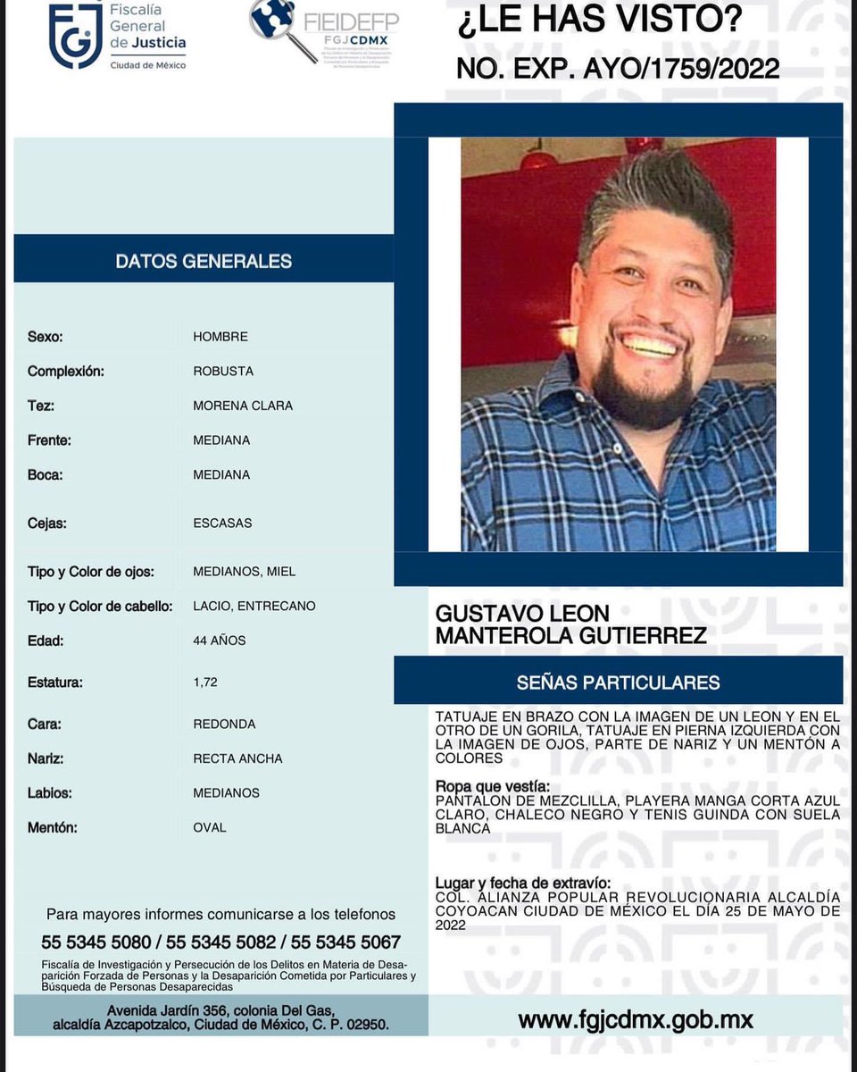 CNDH's tweet photo. Solicitamos de su valioso apoyo con #RT a esta ficha de #Búsqueda para #GustavoLeónManterolaGutiérrez de 44 años de edad, quien fue visto por última vez el 25 de mayo de 2022 en #Coyoacán, #CDMX. 

#HastaEncontrarles
#DefendemosAlPueblo https://t.co/XiMPD9XvTK