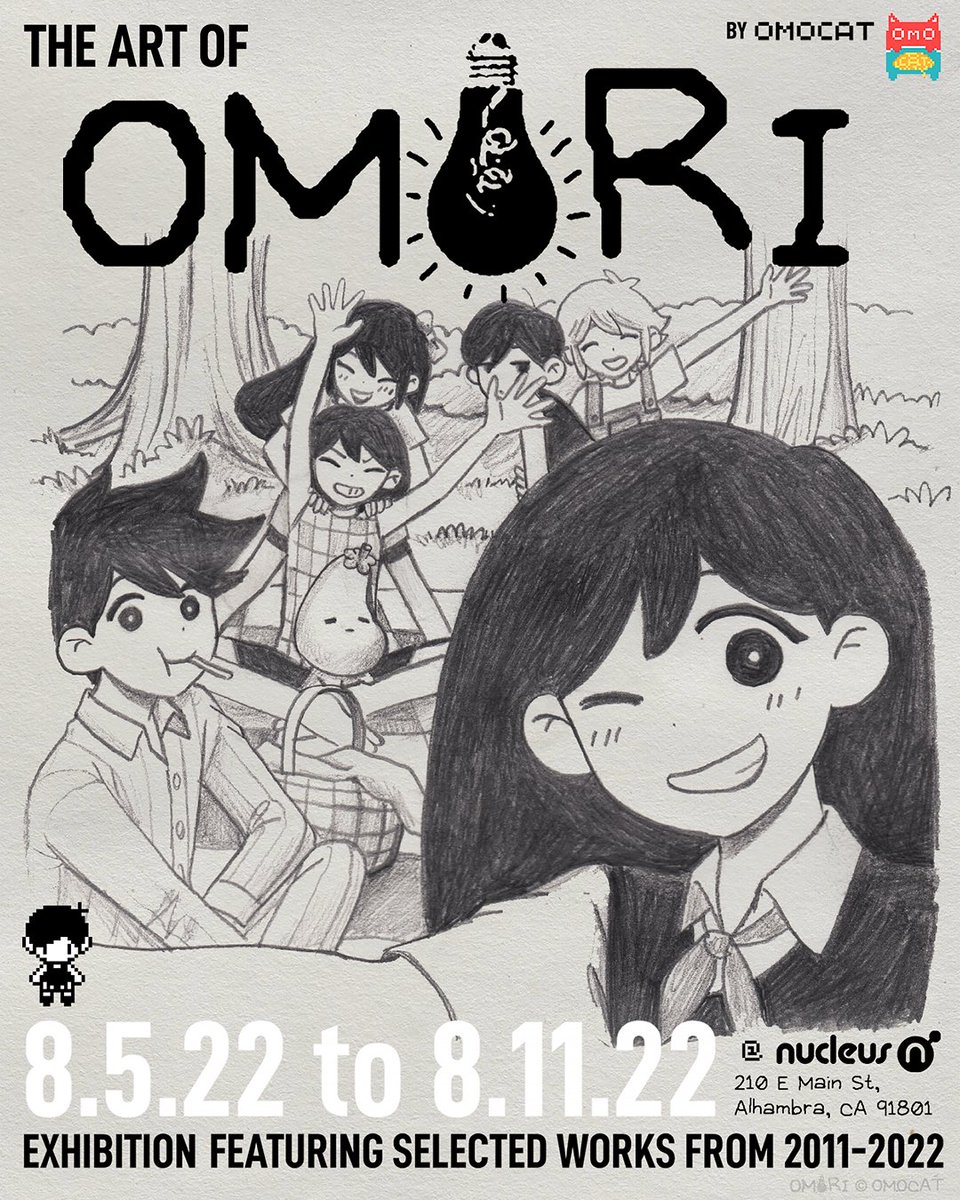 OMORI x @gallerynucleus // 8.5.22 - 8.11.22
 
a one week exhibition in Alhambra, CA featuring selected works, sketches, and concept art from OMORI! more information here: (https://t.co/mzPYoA1C9B) 