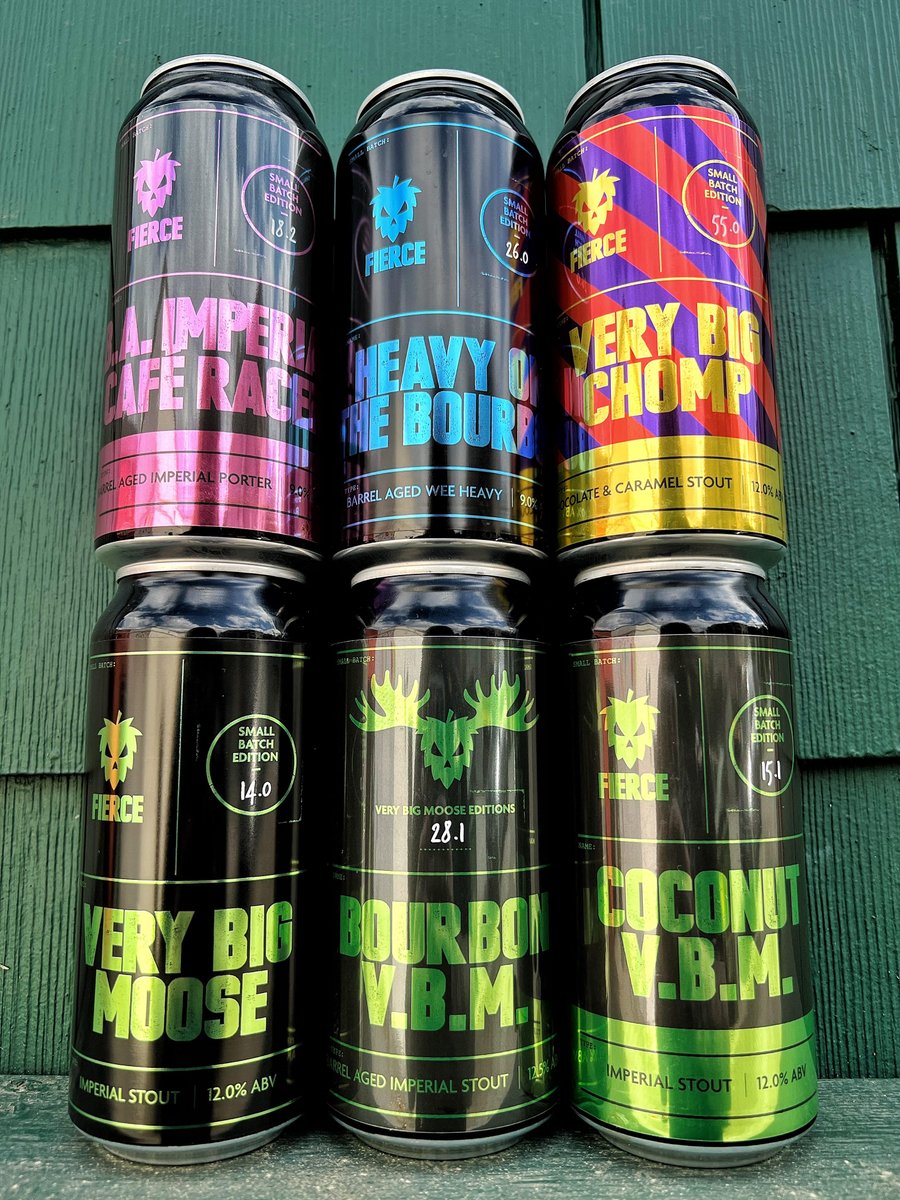 Some ferocious beers from <a href="/FierceBrewing/">Fierce Brewing</a>
B.A Imperial Cafe Racer Imperial Porter 9%
Heavy On The Bourbon BA Wee Heavy 9%
Very Big Chomp Chocolate &amp; Caramel Stout 12%
Very Big Moose Imperial Stout 12%
Bourbon V.B.M BA Imperial Stout 12.5%
Coconut V.B.M Imperial Stout 12%