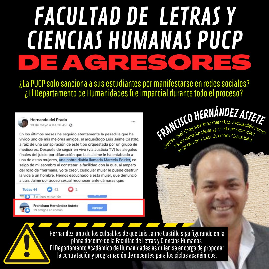 ⚠️FACULTAD DE LETRAS Y CIENCIAS HUMANAS, PUCP DE AGRESORES⚠️
El lunes 23 de mayo, nuestra compañera Marcela Poirier fue sentenciada injustamente a 1 año y 8 meses de prisión suspendida, más la suma de 180 mil nuevos soles. No obstante, (1/3)
#pucpdeagresores #JusticiaparaMarcela