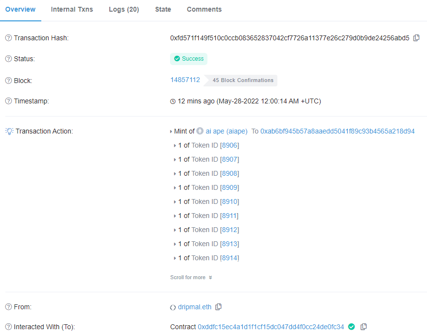 With help from our alpha team one of our members <a href="/jamal__eth/">Jamal</a> was able to mint 20 AI apes (free mint) and they are selling for 0.03+ 🤯🤯🤯