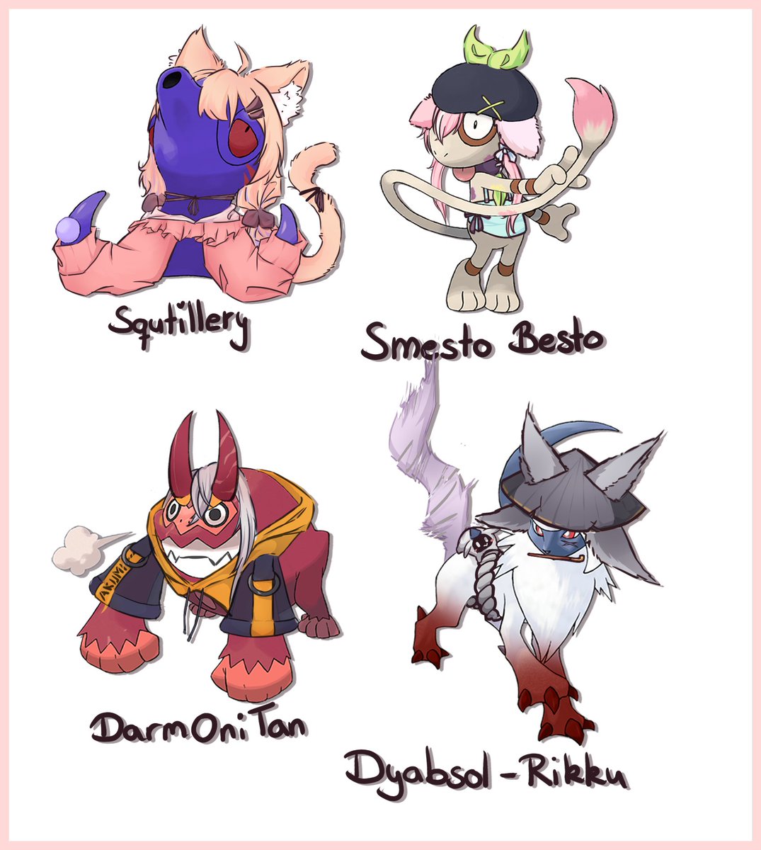 Scuffmon Gen 3, this time featuring part of VYUGEN
@SquChan as Squtillery
@yuniiho as Smesto Besto
@yoclesh as DarmOniTan
and @dyarikku as Dyabsol-Rikku!
Continuing to work myself through the list next week c:
Pls be gentle on my scuff-mons <3