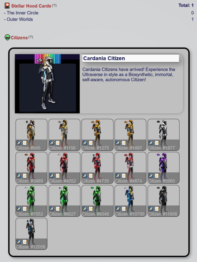 StellarHoodNFT's tweet image. ⚠️GAME UPDATE⚠️
👤@Cardania_2021 Citizens have entered the server! Personalize YOUR Citizens!
📦Resources: You can now access your Home Cargo Depot at the Sol-System. This is where your commission resources end up!
⚙️ Inventory View Overhaul

👉hub.stellarhood.com

#NFTs