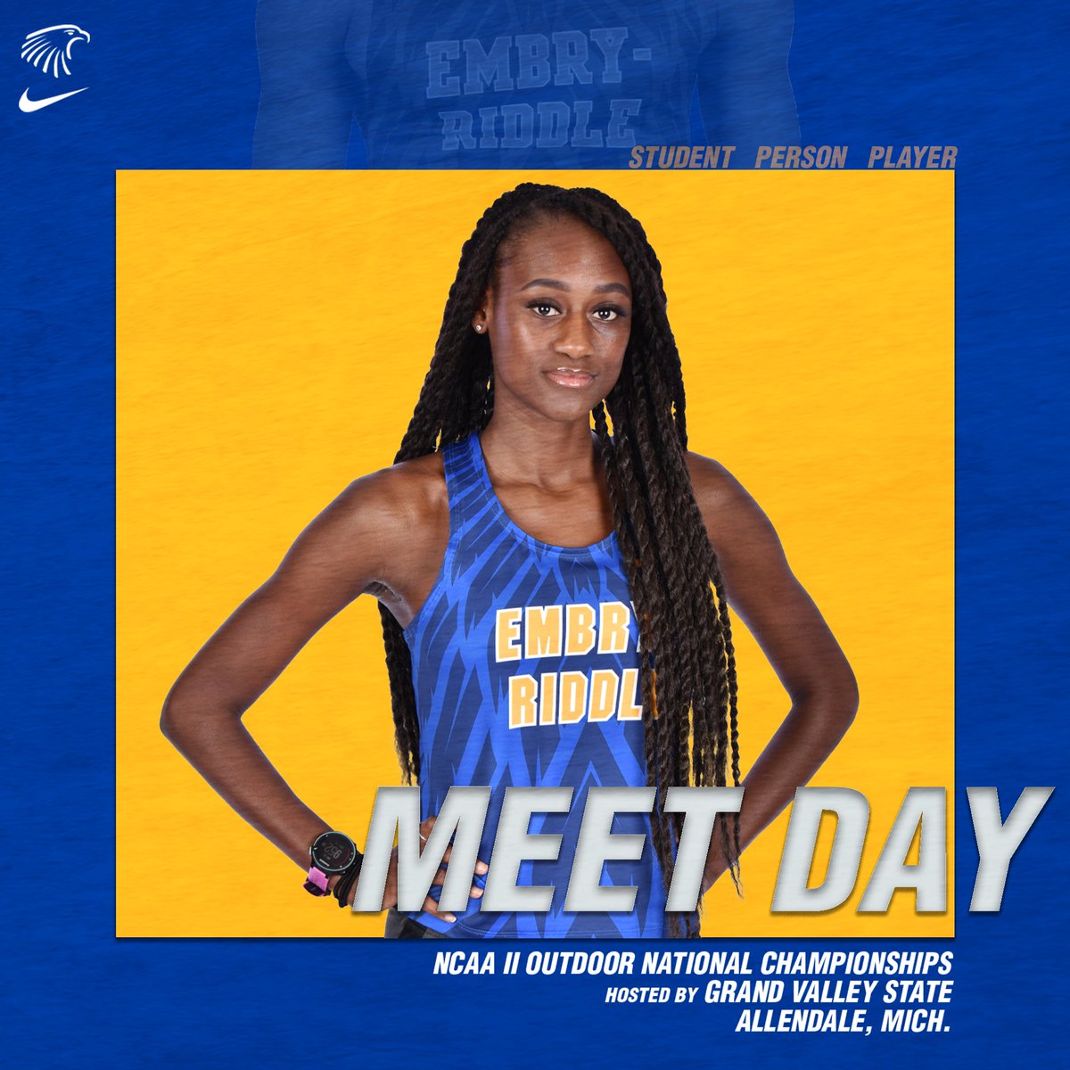 ERAUXCTF's tweet photo. It's CHAMPIONSHIP SATURDAY! 3️⃣ @erauxctf Eagles vying for national titles today
🦅 at @NCAADII Nationals
📍Allendale, Mich.

⏱
1:30 PM - Sophia Gustely - Javelin
2:25 PM - Paul Kraemer - 1500m
3:55 PM - @QueenKeevs - 800m

📈https://t.co/Ldv9oBL4h9
#GoERAU https://t.co/LSf6wEC7I7