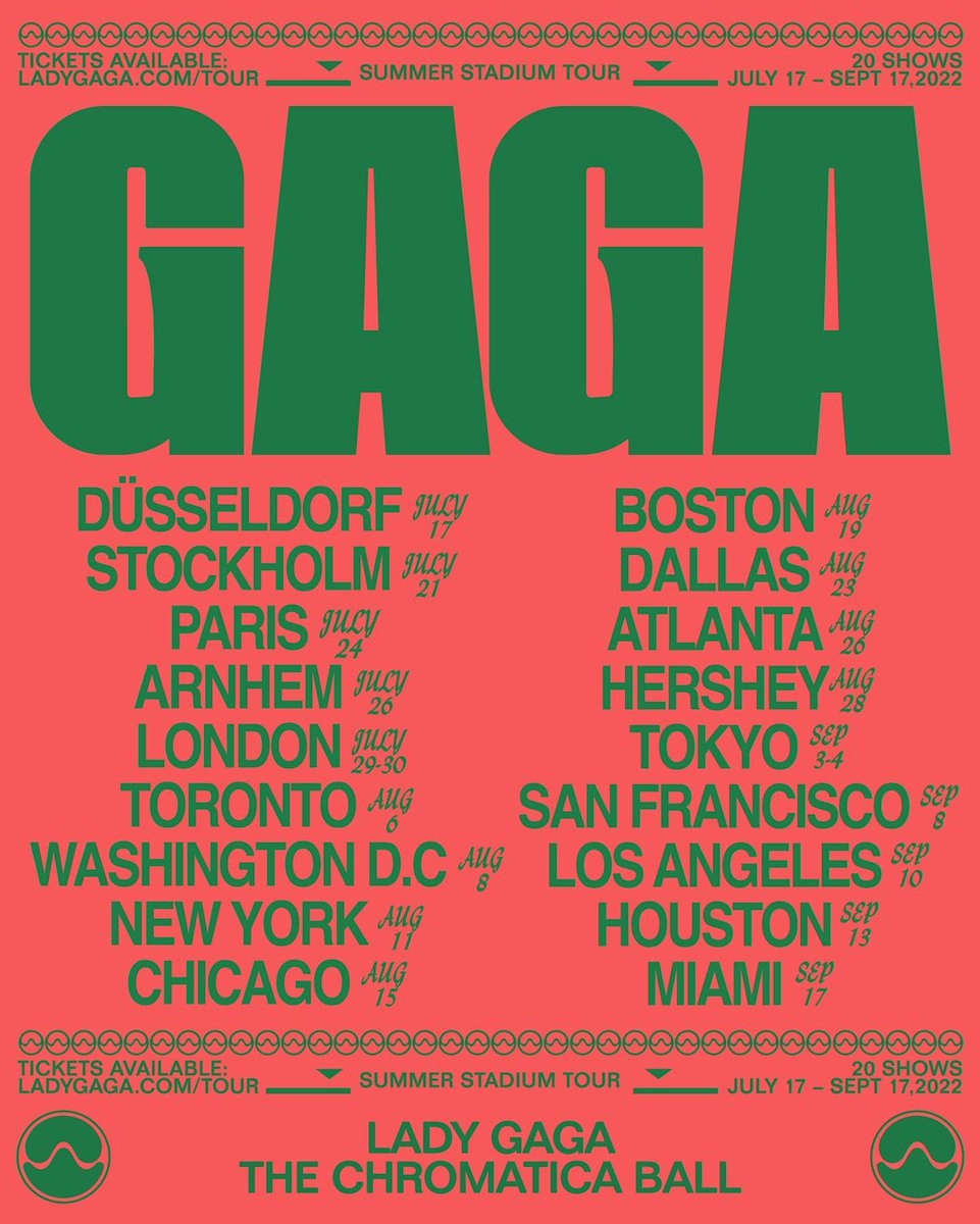 ladygaga's tweet image. LADY GAGA
THE CHROMATICA BALL
SUMMER STADIUM TOUR
TICKETS FOR BOTH TOKYO, JAPAN SHOWS ON SALE NOW
LADYGAGA.COM/TOUR